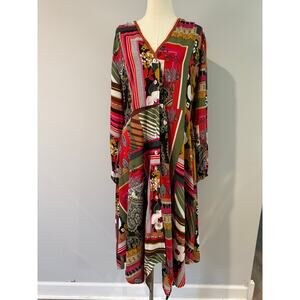 Camomilla Geometric Patch Work Print V-Neck Button Front Midi Dress - Sz 18 NWT